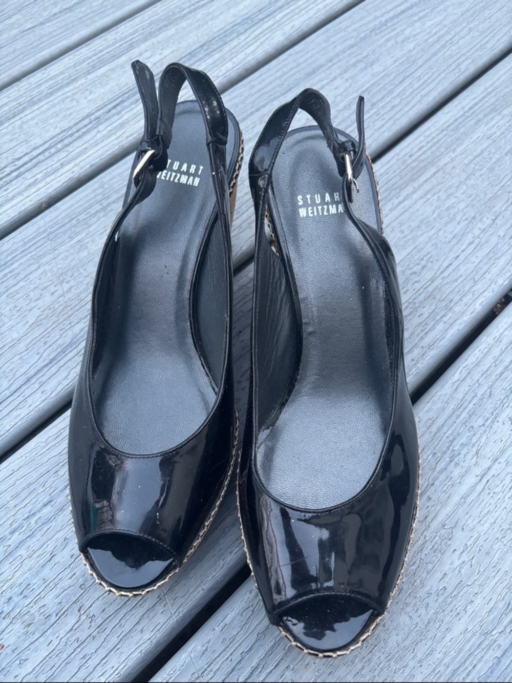 Stuart Weitzman Black Patent Cork Wedge Sandals - Picture 2 of 6